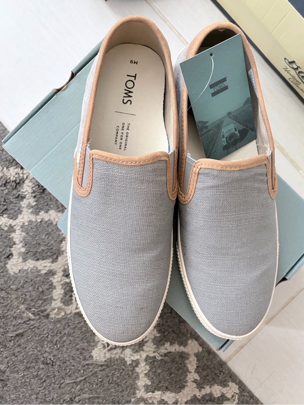 TOMS Grey Canvas Slip-On Loafers with Tan Trim